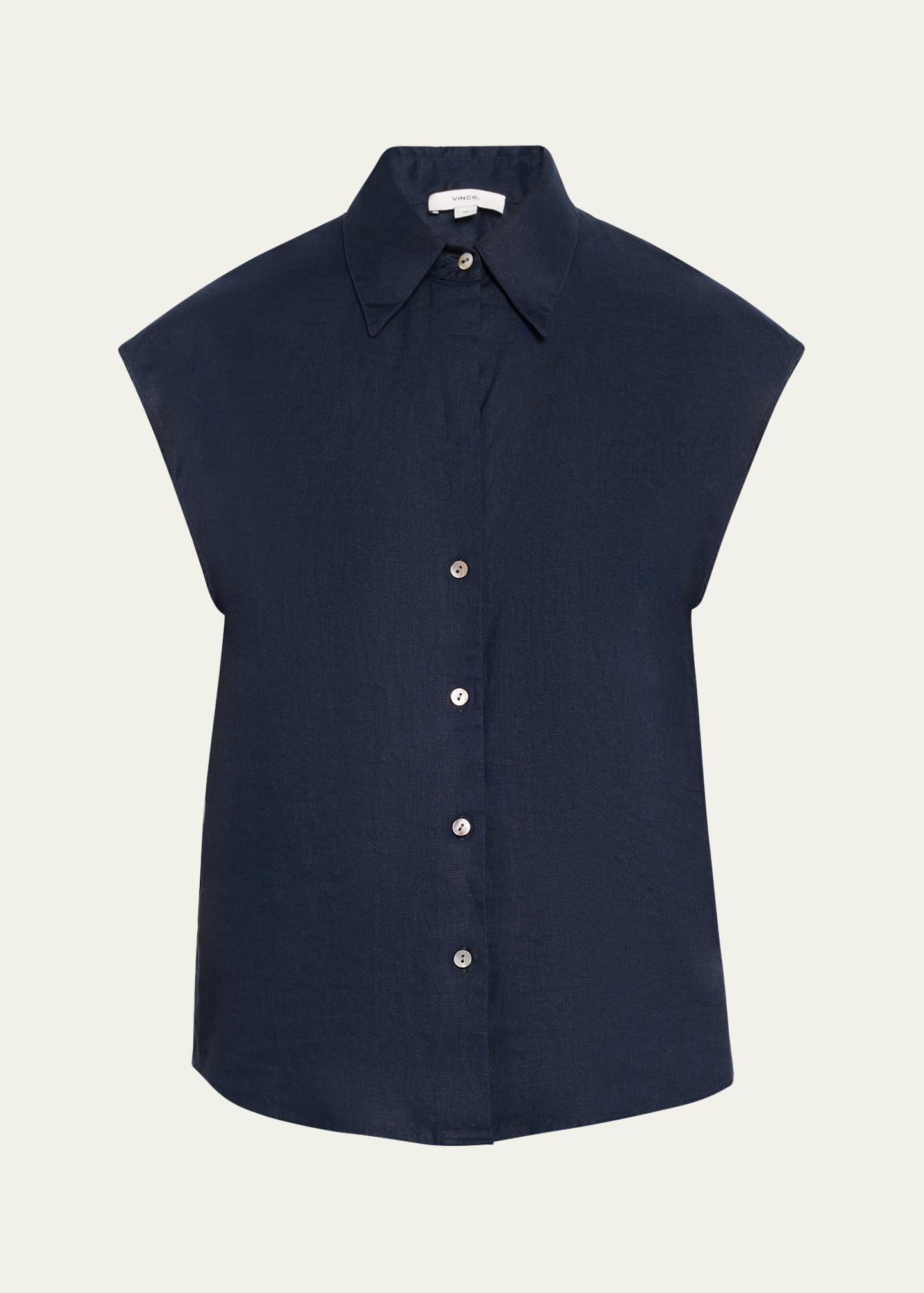 cap-sleeve linen button-front blouse