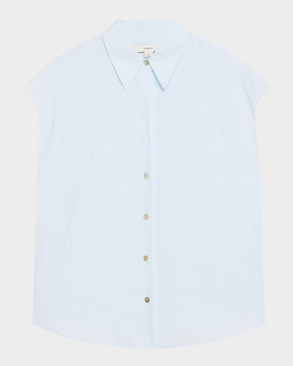 cap-sleeve linen button-front blouse