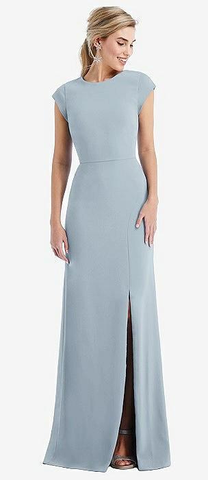 cap sleeve open-back trumpet gown with front slit