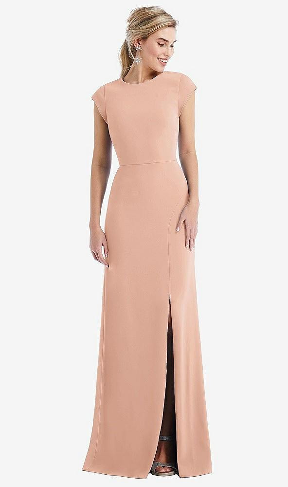 cap sleeve open-back trumpet gown with front slit
