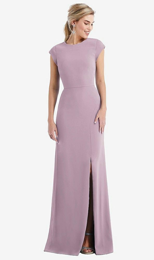 cap sleeve open-back trumpet gown with front slit