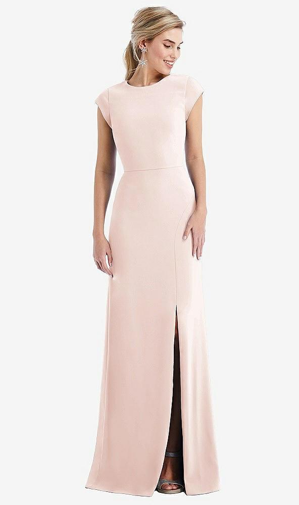 cap sleeve open-back trumpet gown with front slit