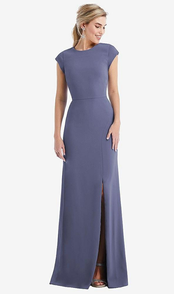 cap sleeve open-back trumpet gown with front slit