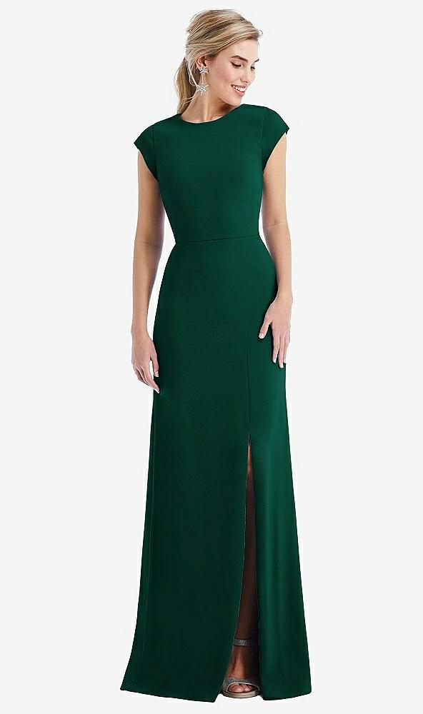 cap sleeve open-back trumpet gown with front slit