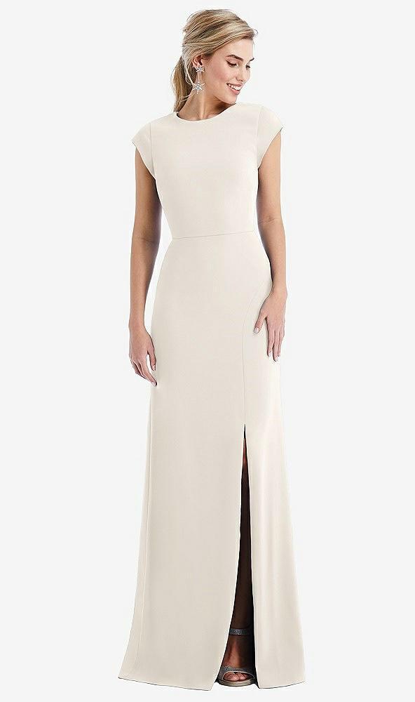 cap sleeve open-back trumpet gown with front slit