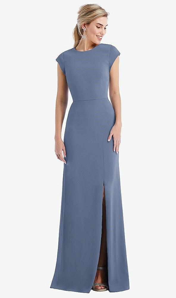 cap sleeve open-back trumpet gown with front slit