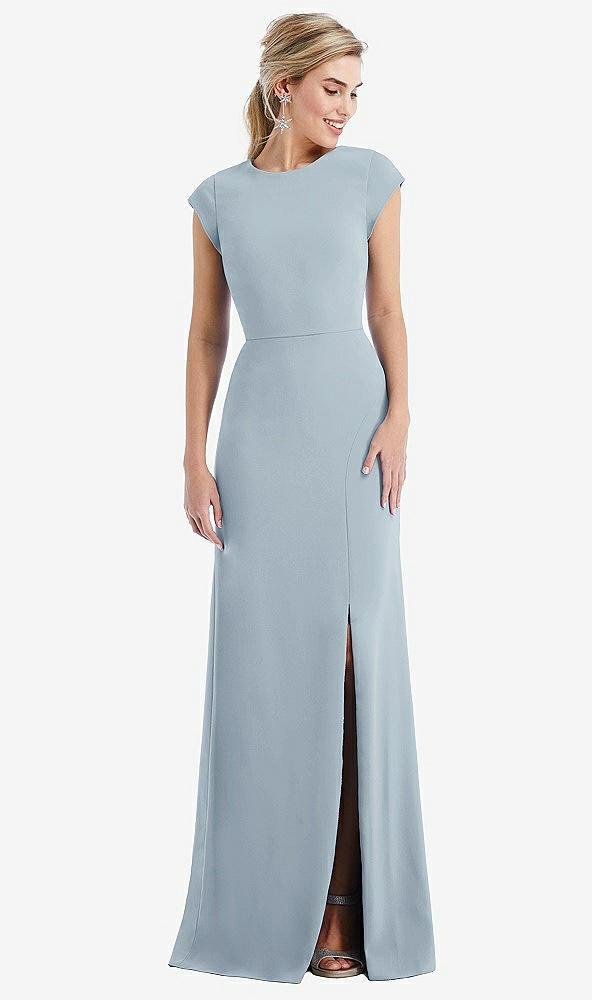 cap sleeve open-back trumpet gown with front slit