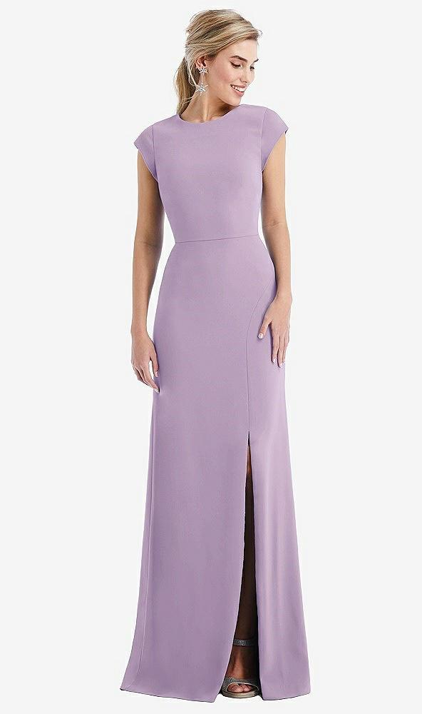 cap sleeve open-back trumpet gown with front slit