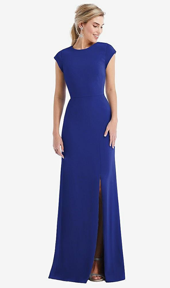 cap sleeve open-back trumpet gown with front slit