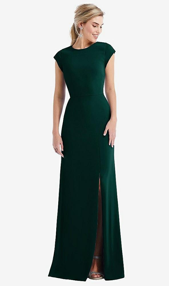 cap sleeve open-back trumpet gown with front slit