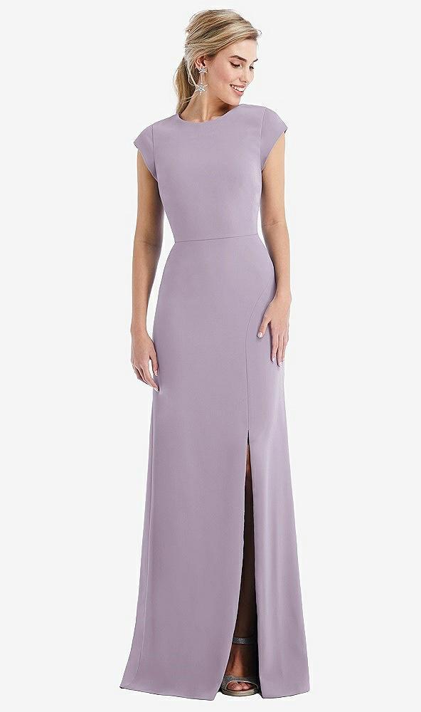 cap sleeve open-back trumpet gown with front slit