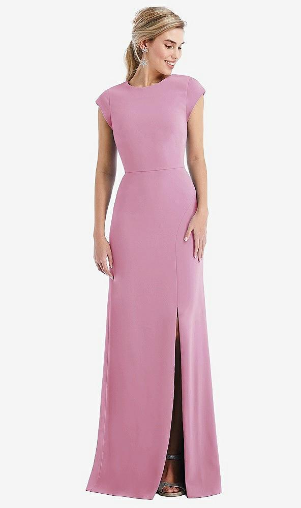 cap sleeve open-back trumpet gown with front slit