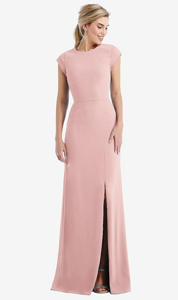 cap sleeve open-back trumpet gown with front slit