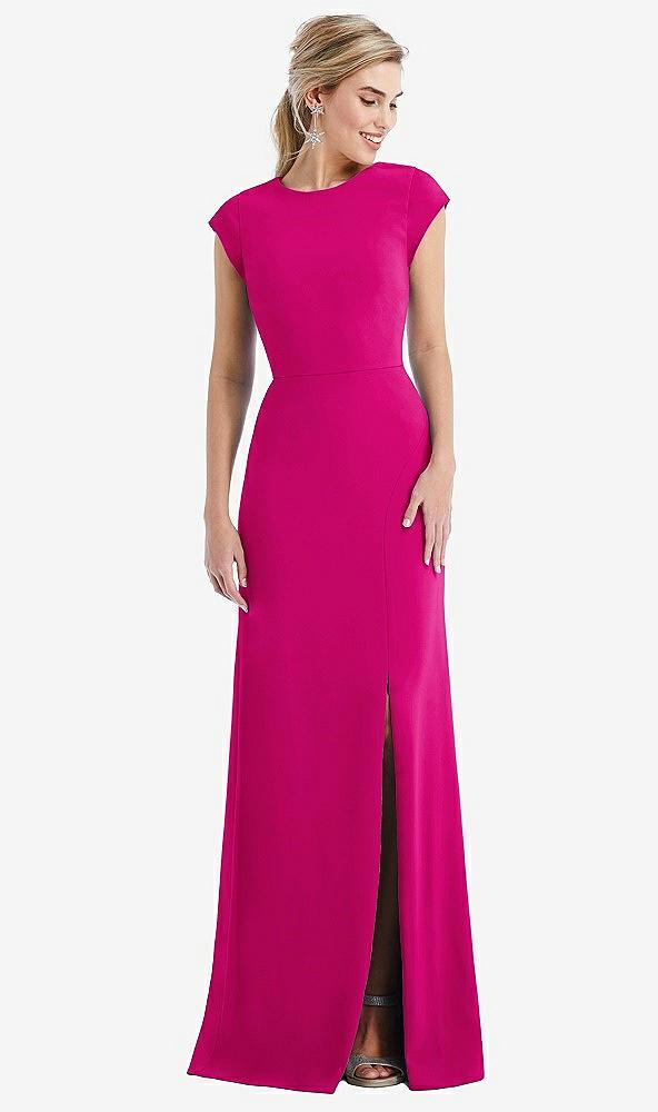 cap sleeve open-back trumpet gown with front slit