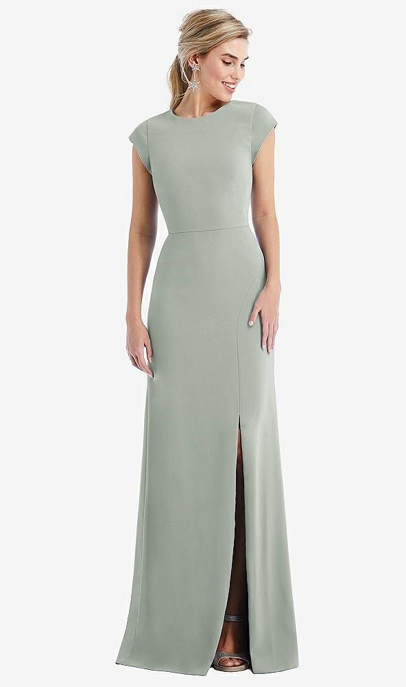cap sleeve open-back trumpet gown with front slit