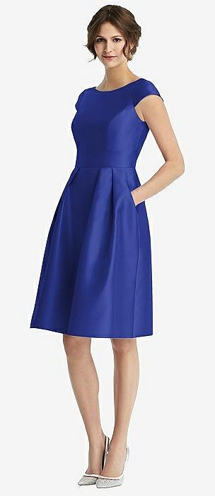 cap sleeve pleated cocktail dress with pockets