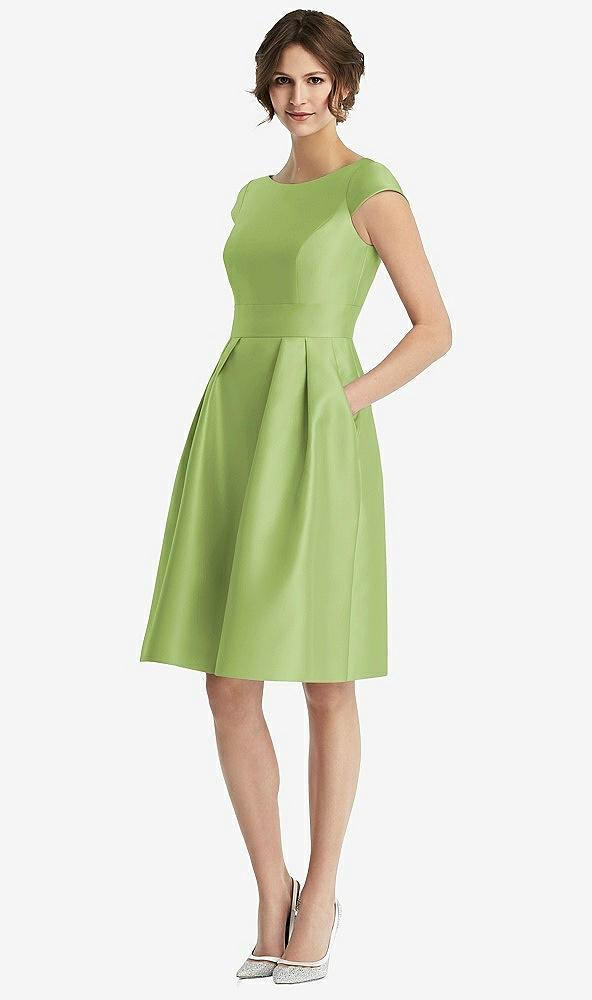 cap sleeve pleated cocktail dress with pockets