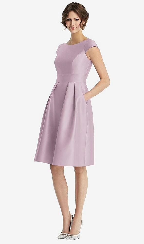cap sleeve pleated cocktail dress with pockets