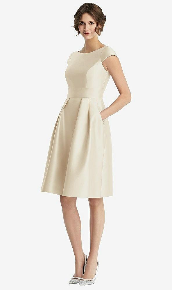 cap sleeve pleated cocktail dress with pockets