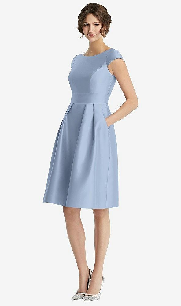 cap sleeve pleated cocktail dress with pockets