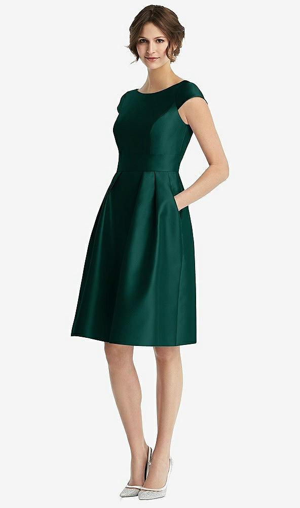 cap sleeve pleated cocktail dress with pockets