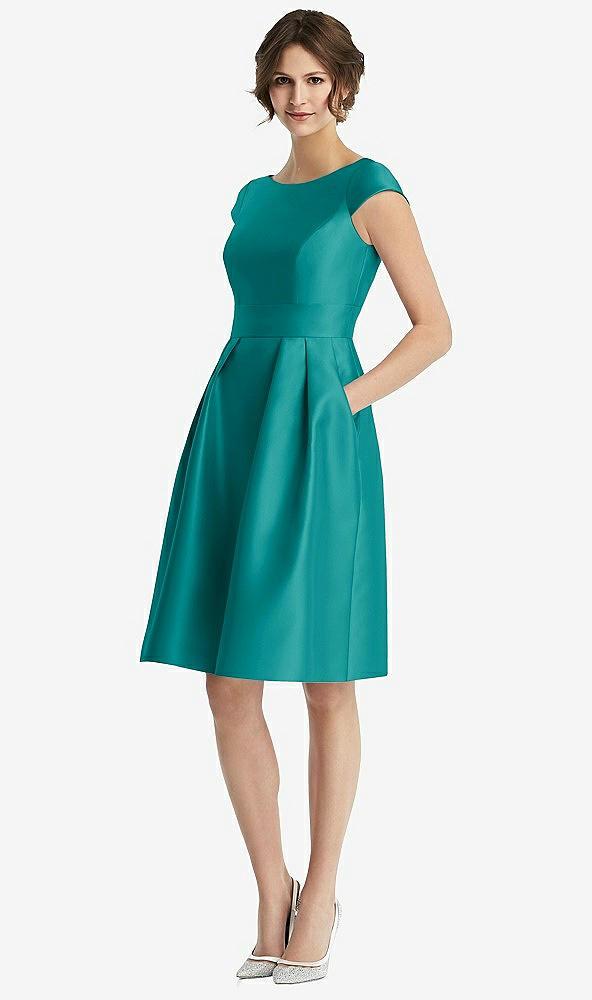 cap sleeve pleated cocktail dress with pockets