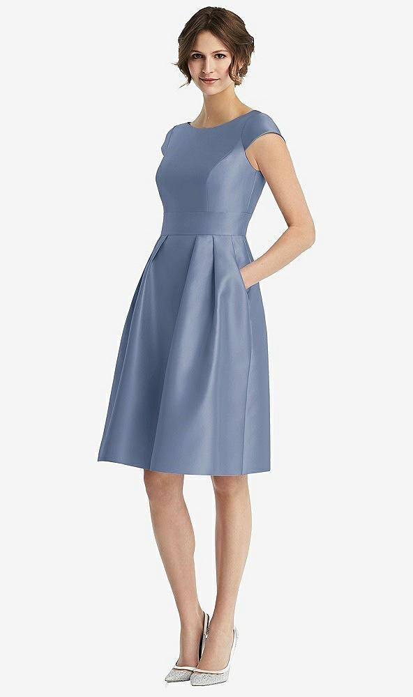 cap sleeve pleated cocktail dress with pockets