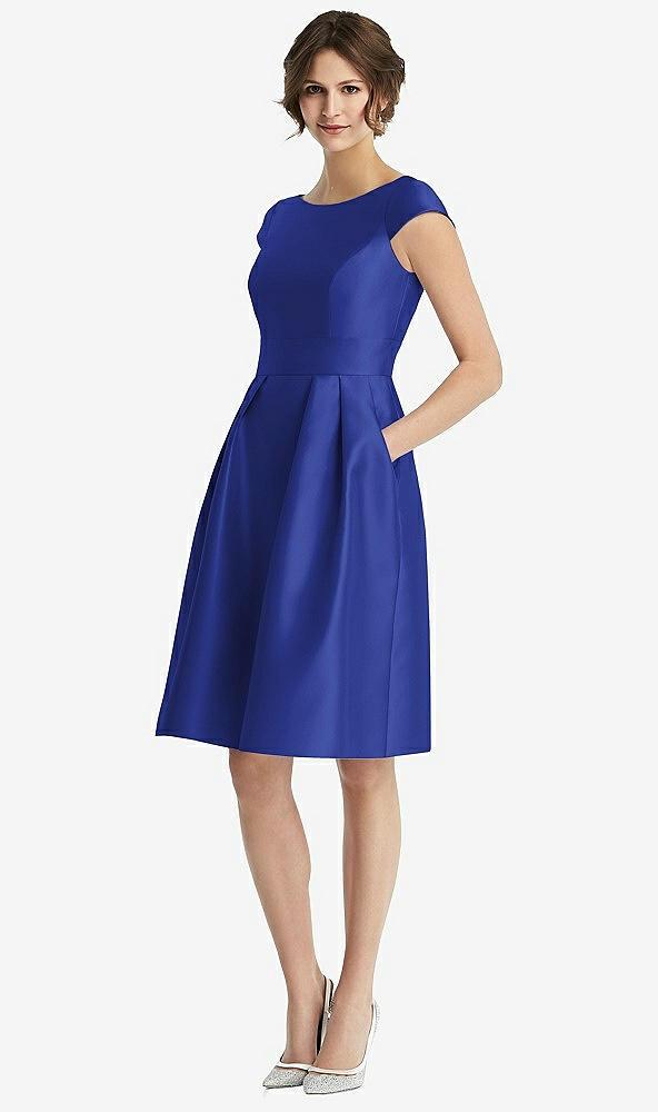 cap sleeve pleated cocktail dress with pockets