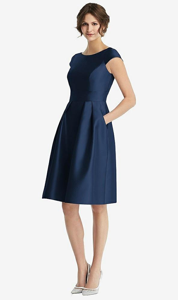 cap sleeve pleated cocktail dress with pockets