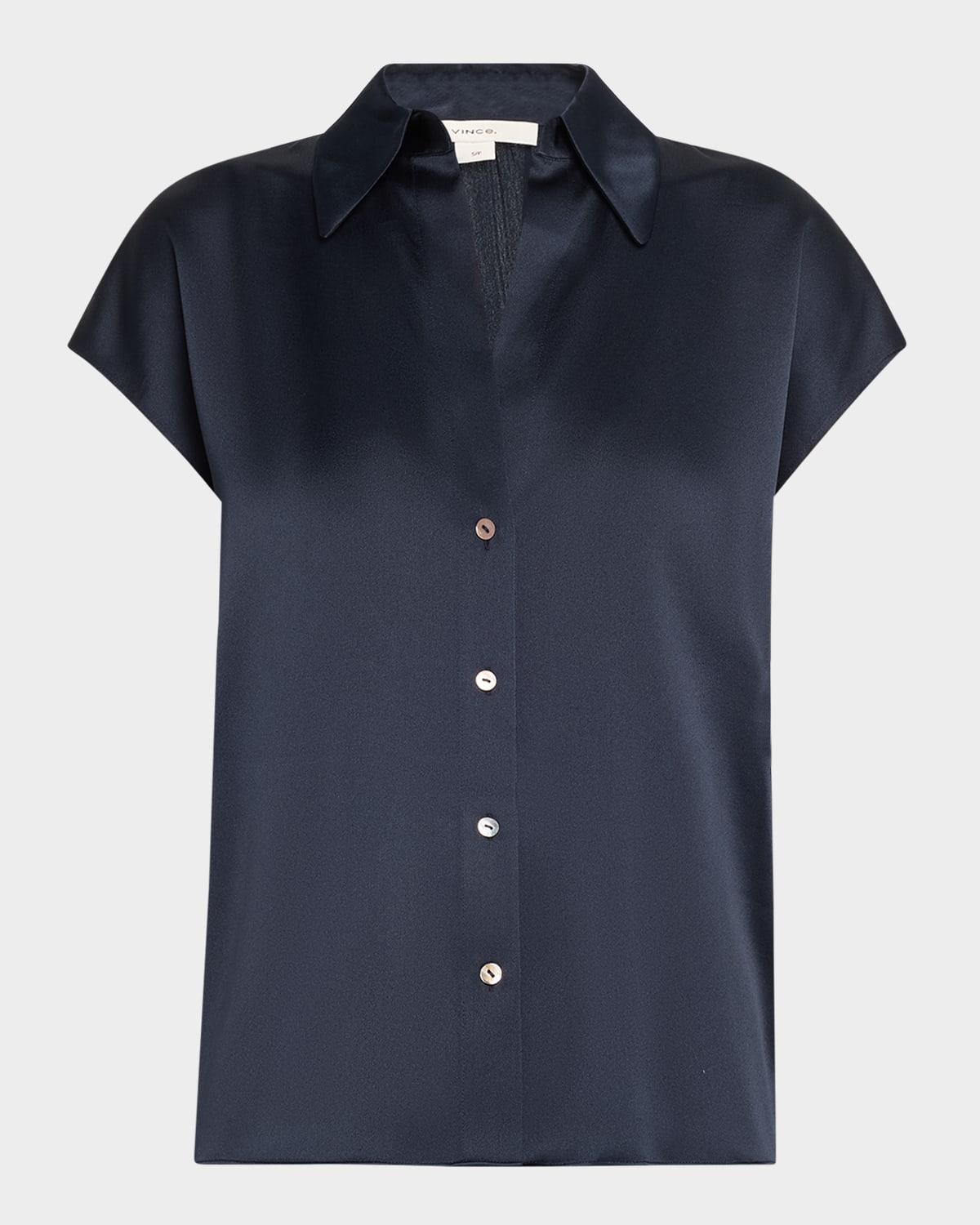 cap-sleeve ruched-back silk blouse