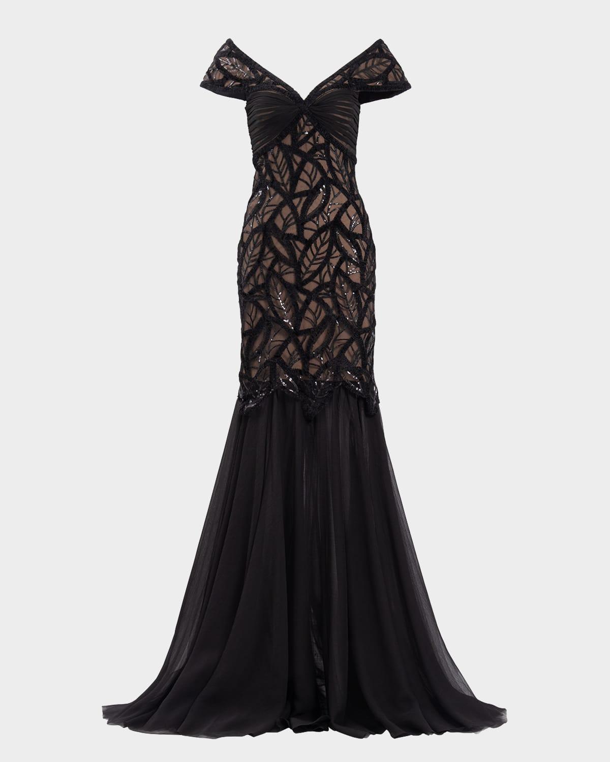 cap-sleeve sequin velvet lace gown