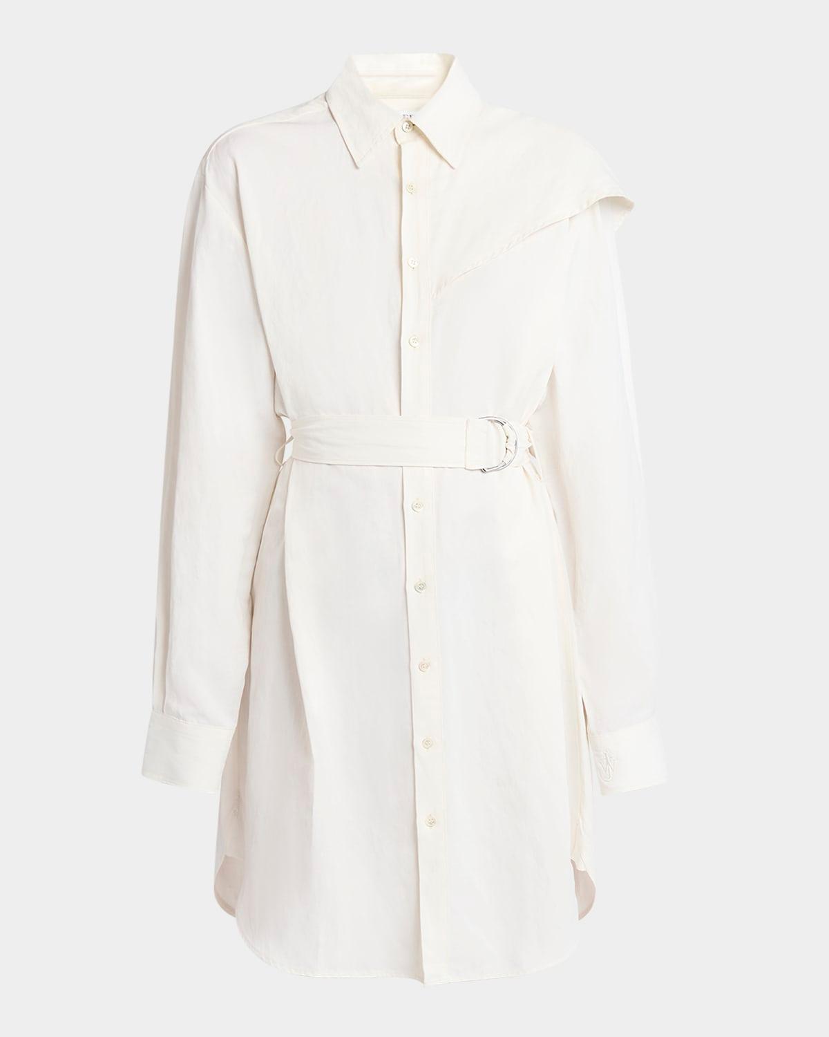 cape-shoulder belted long-sleeve shirtdress