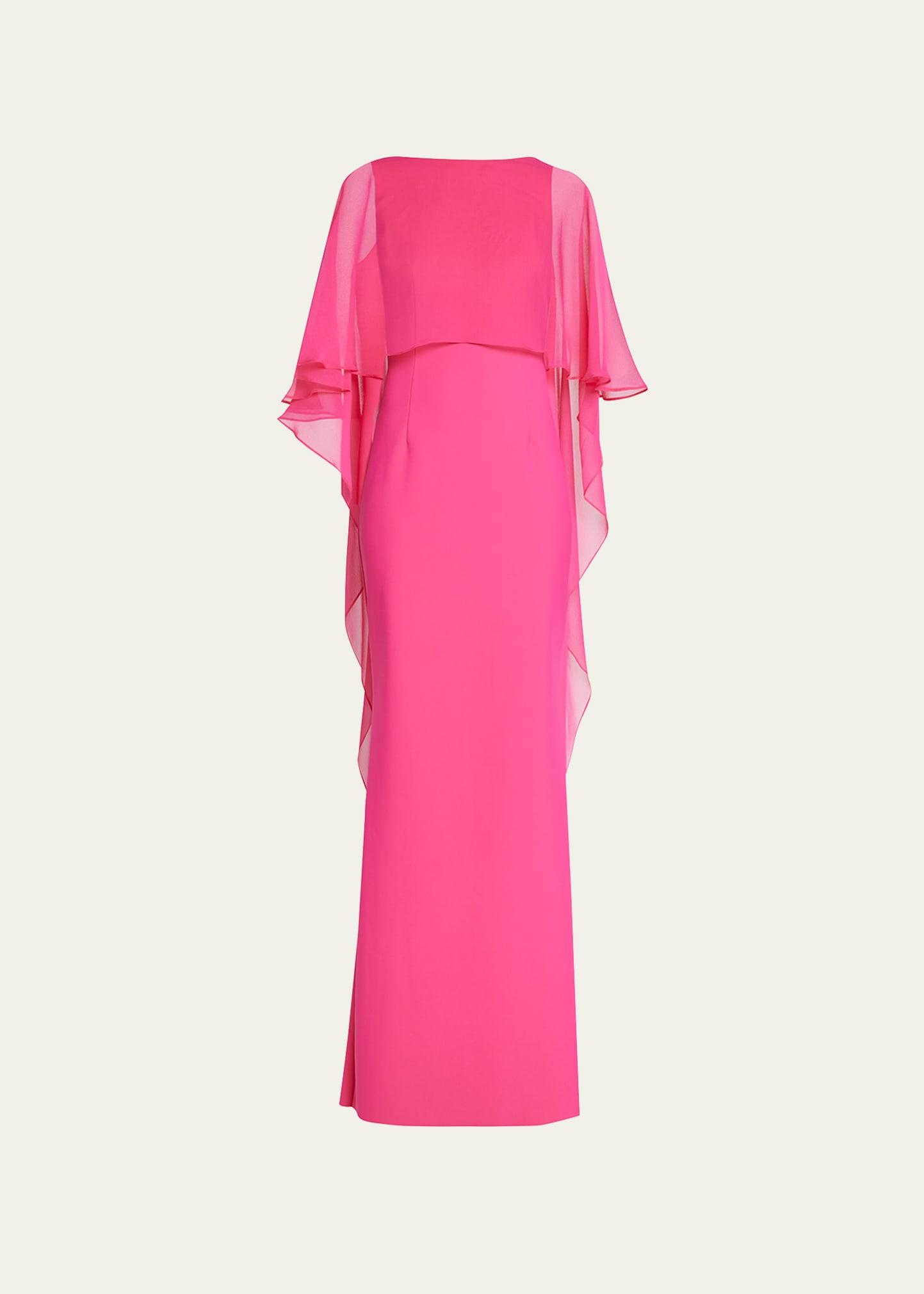 cape-sleeve crepe column gown