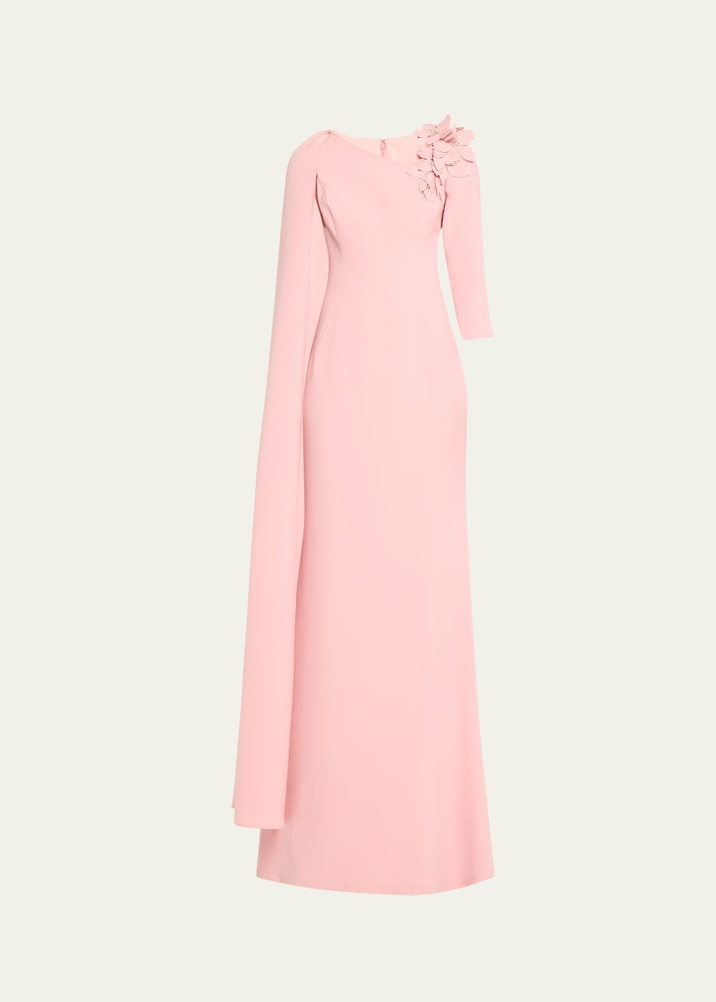 cape-sleeve floral applique trumpet gown