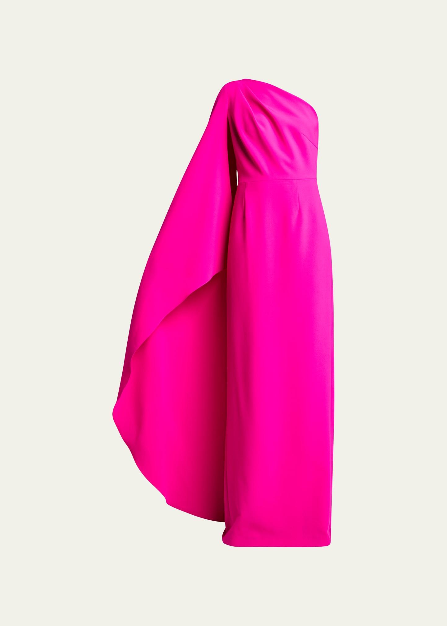 cape-sleeve one-shoulder crepe gown