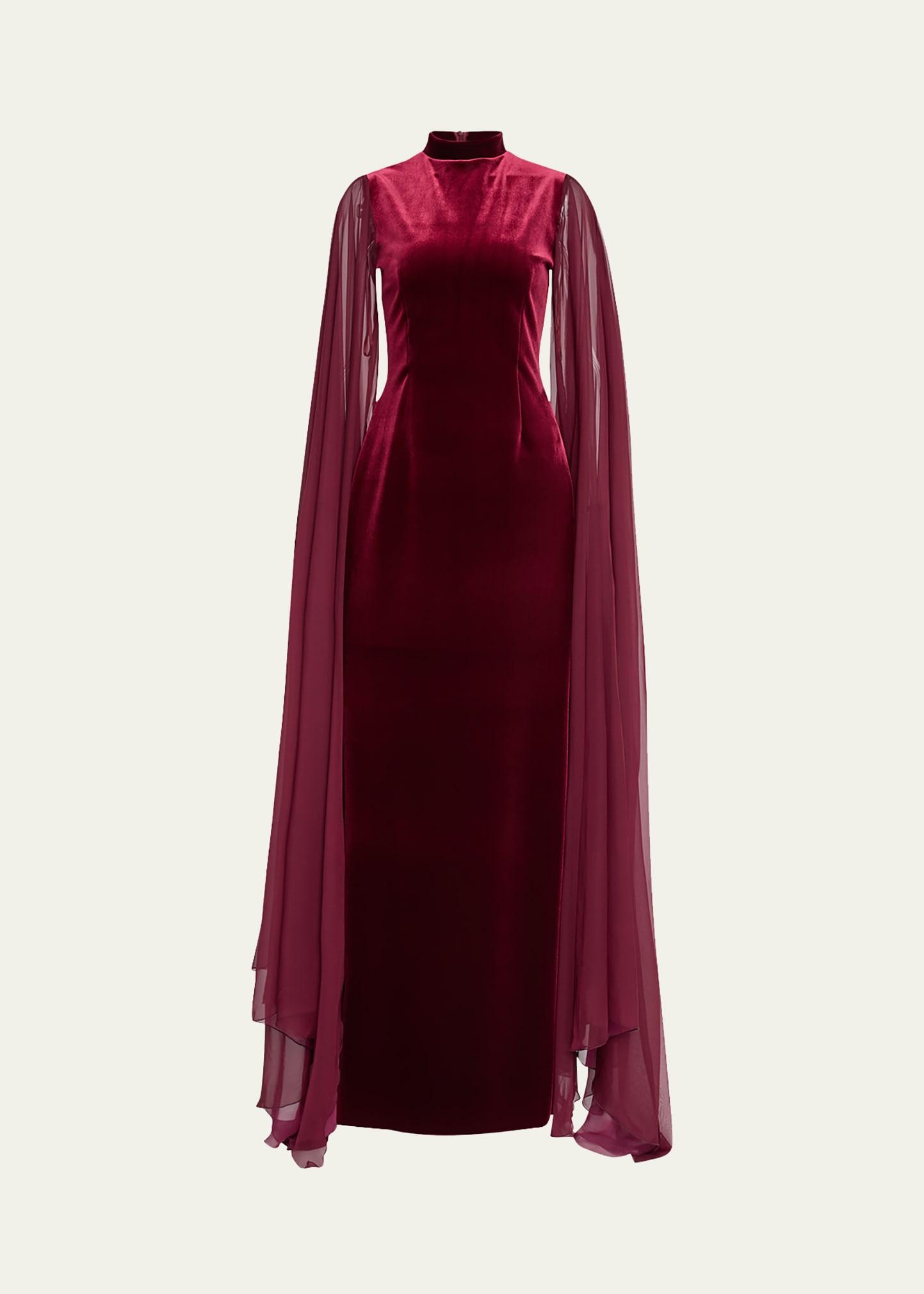 cape-sleeve velvet column gown