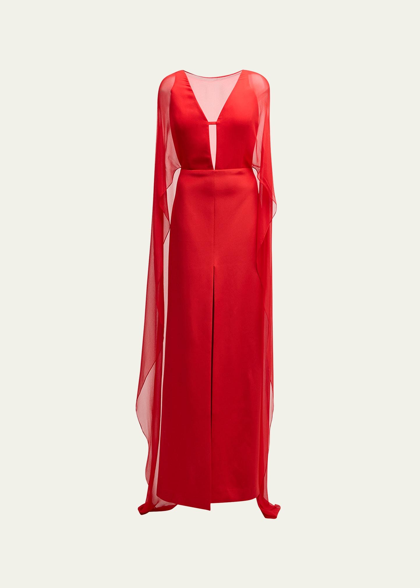 caped crepe chiffon evening gown