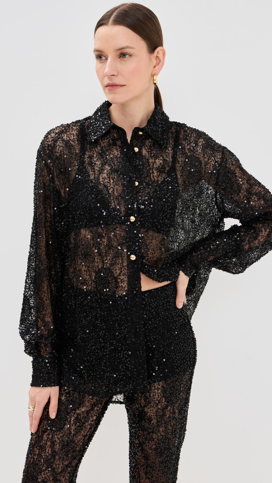 cara embroidered button down top