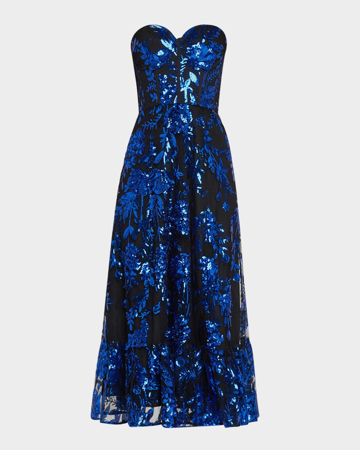 carina floral sequin sweetheart midi dress