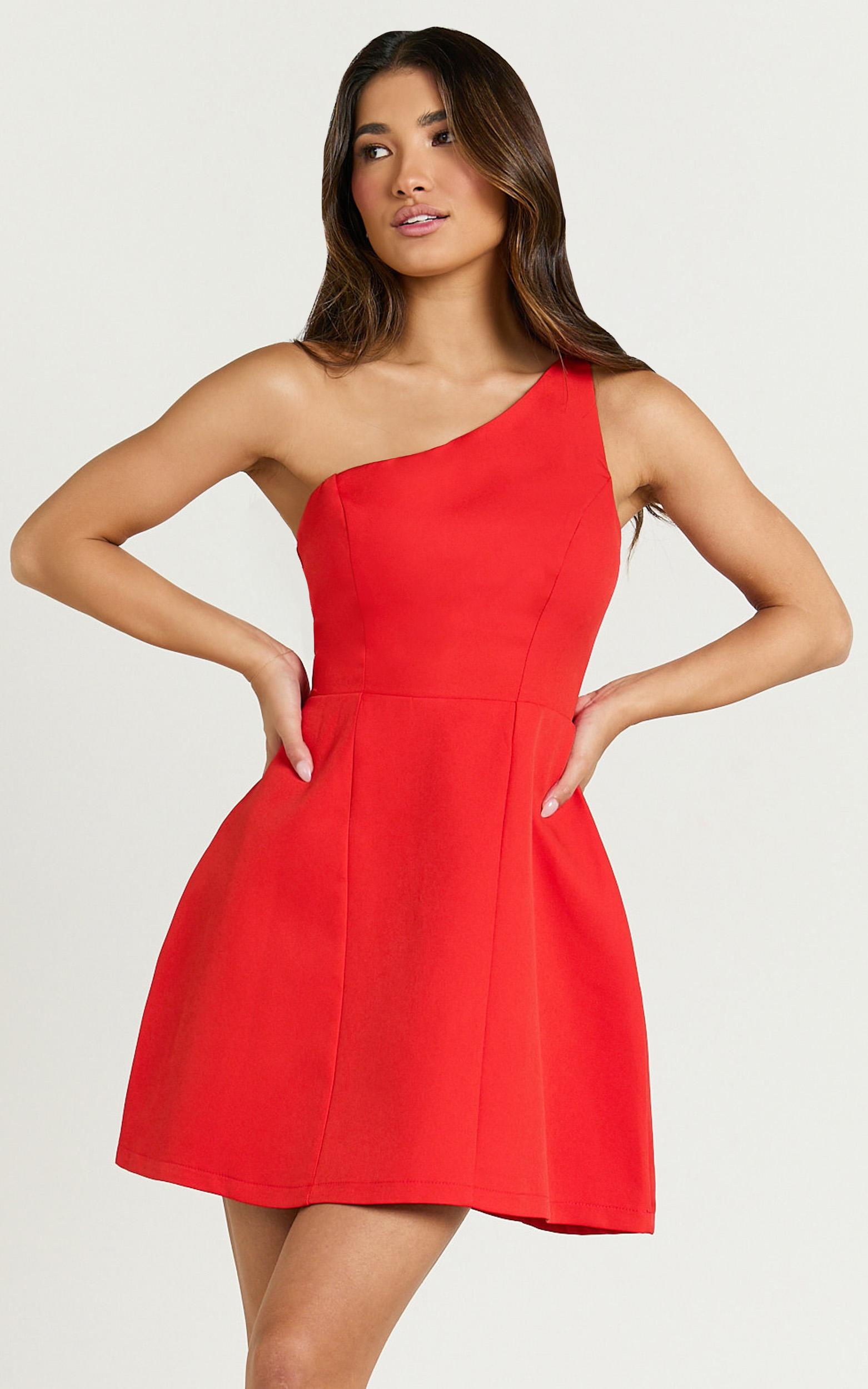 carley mini dress - one shoulder tulip hem dress in red