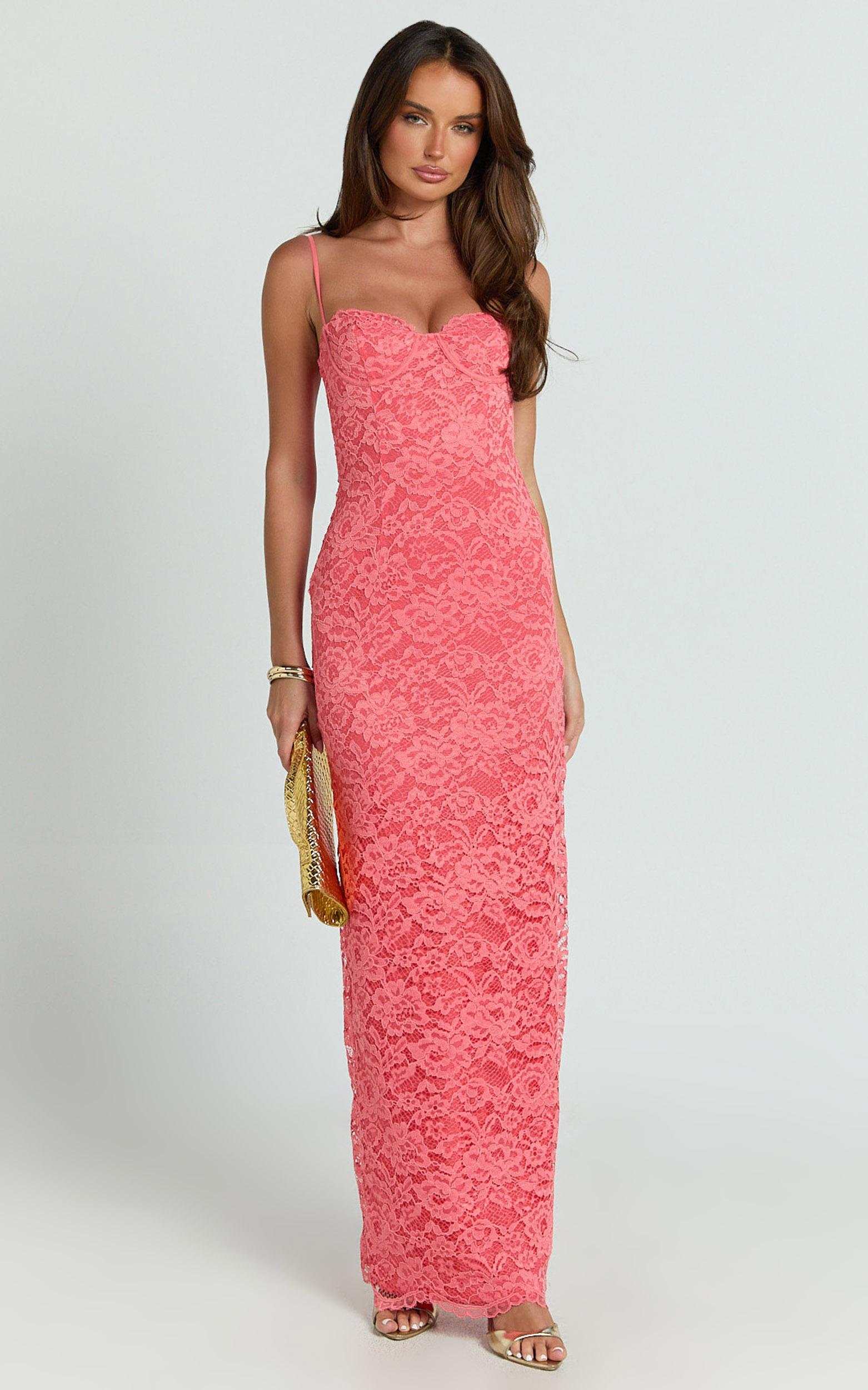 carli maxi dress - adjustable strap corset bodycon lace dress in watermelon