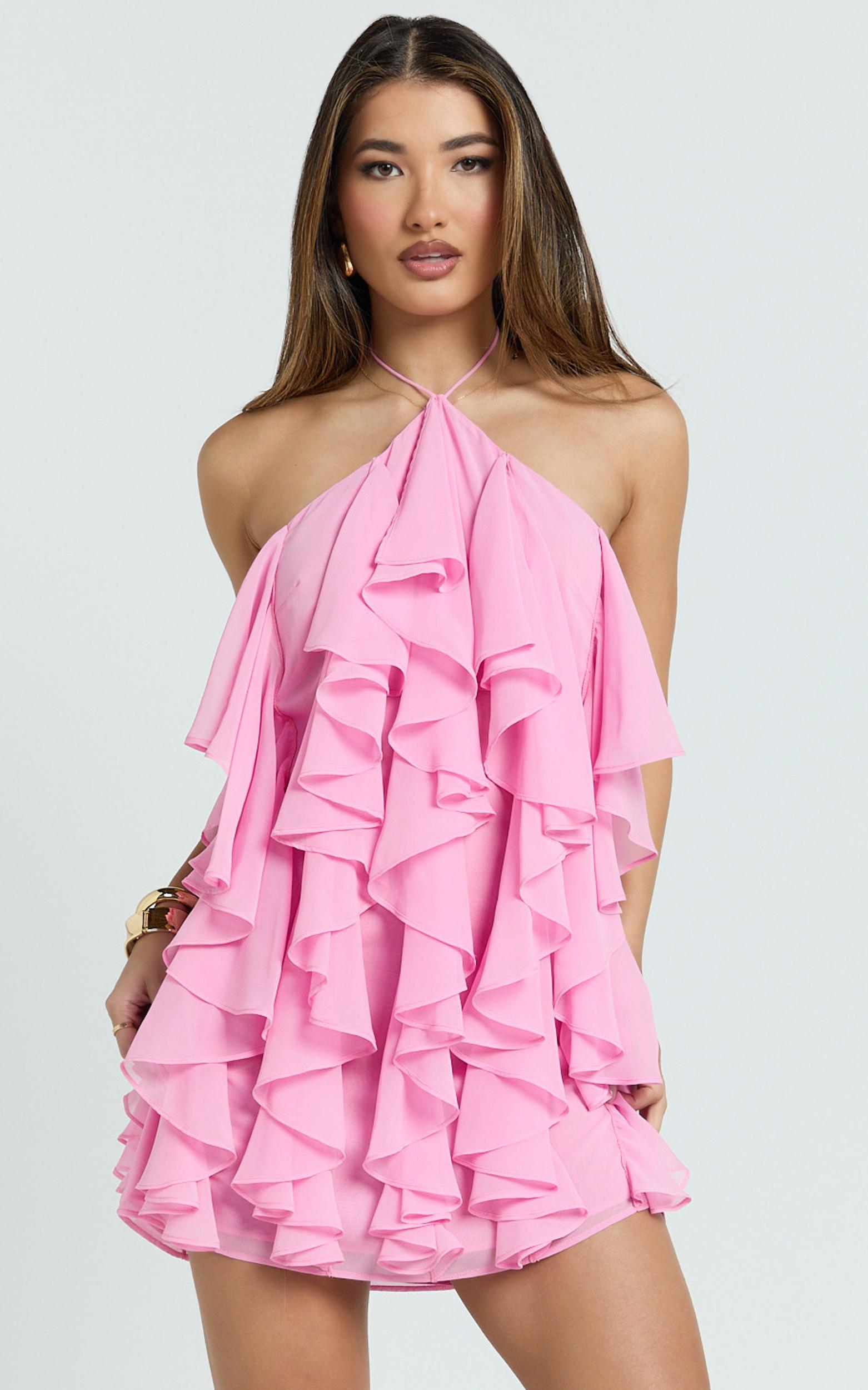 carlson mini dress - halter neck ruffle tiered dress in pink