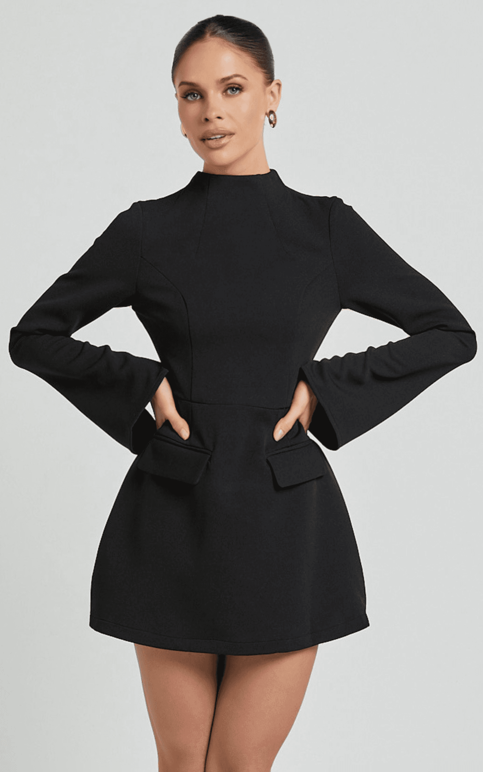 carlson mini dress - high neck sleeve cocoon skirt dress in black
