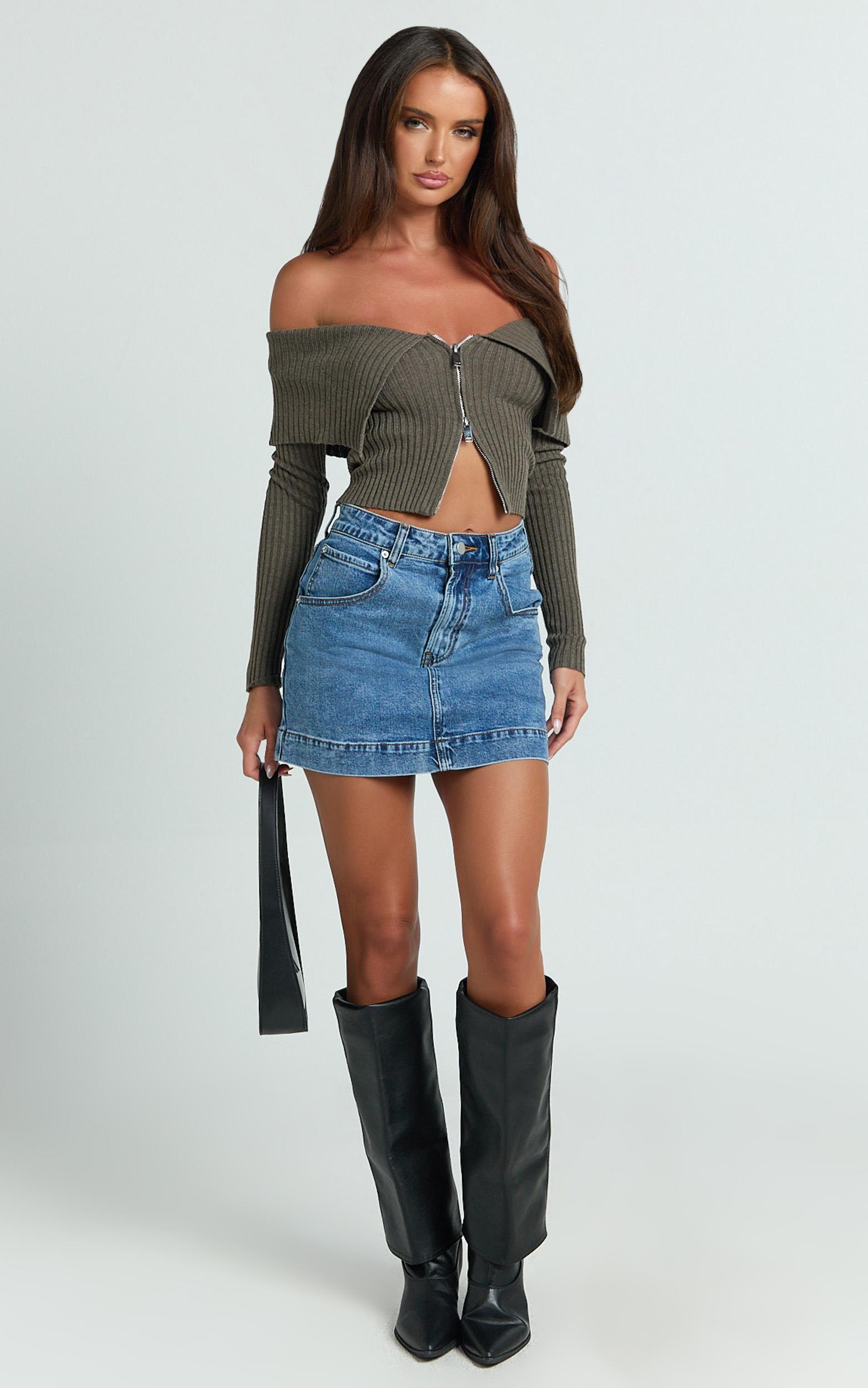 carlson top - off shoulder knit front zip top in dark khaki