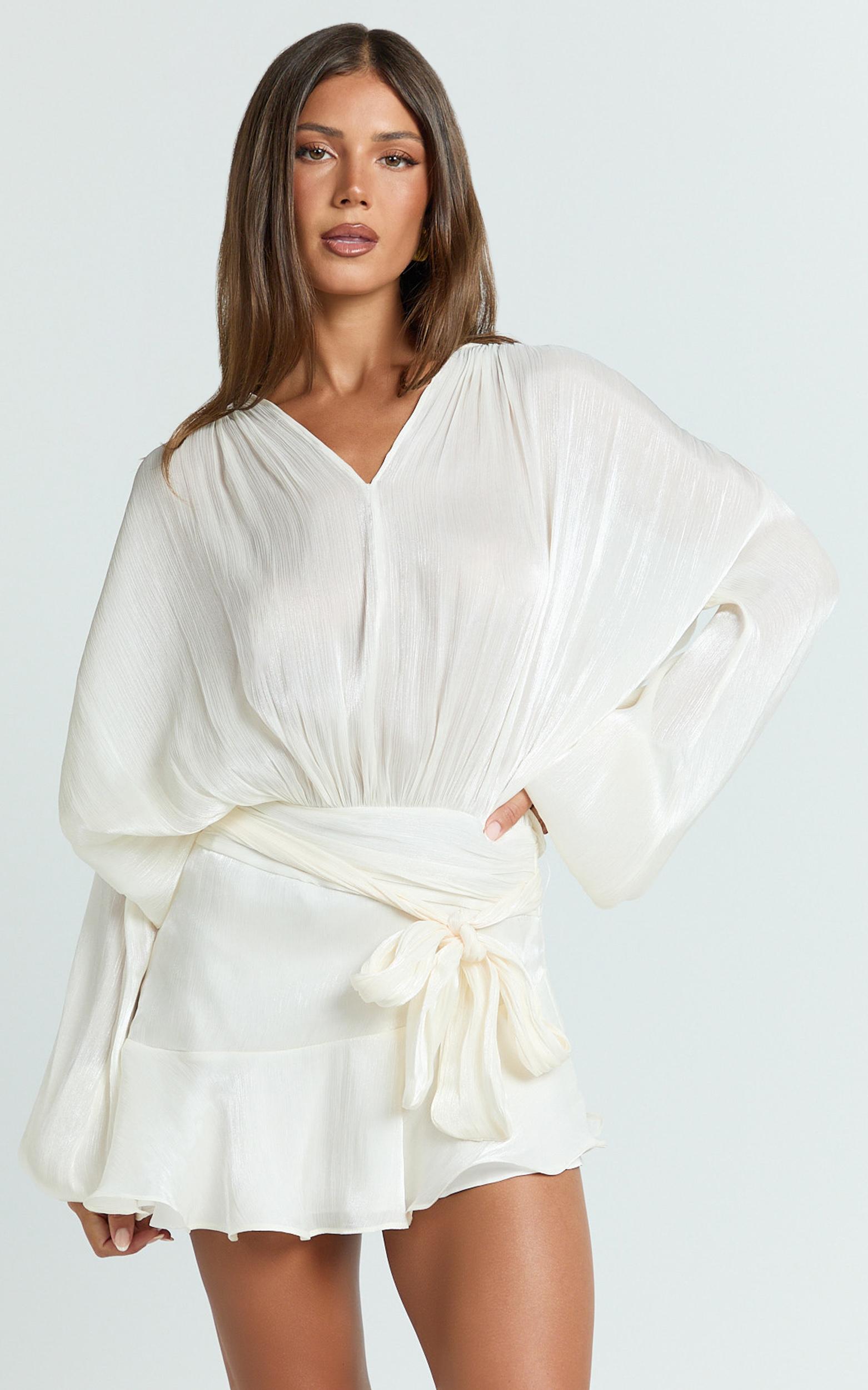 carmela mini dress - long sleeve tie neck ruffle skirt dress in off white