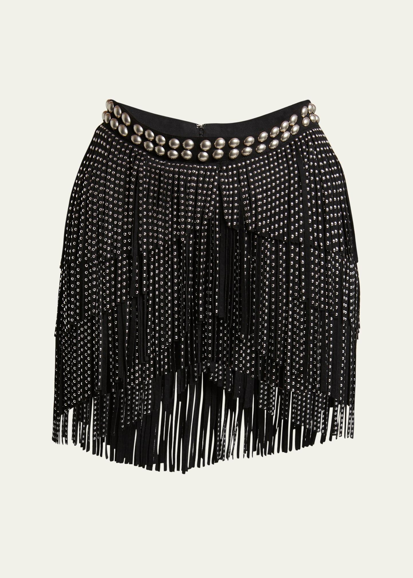 carmelia studded fringe asymmetric mini skirt