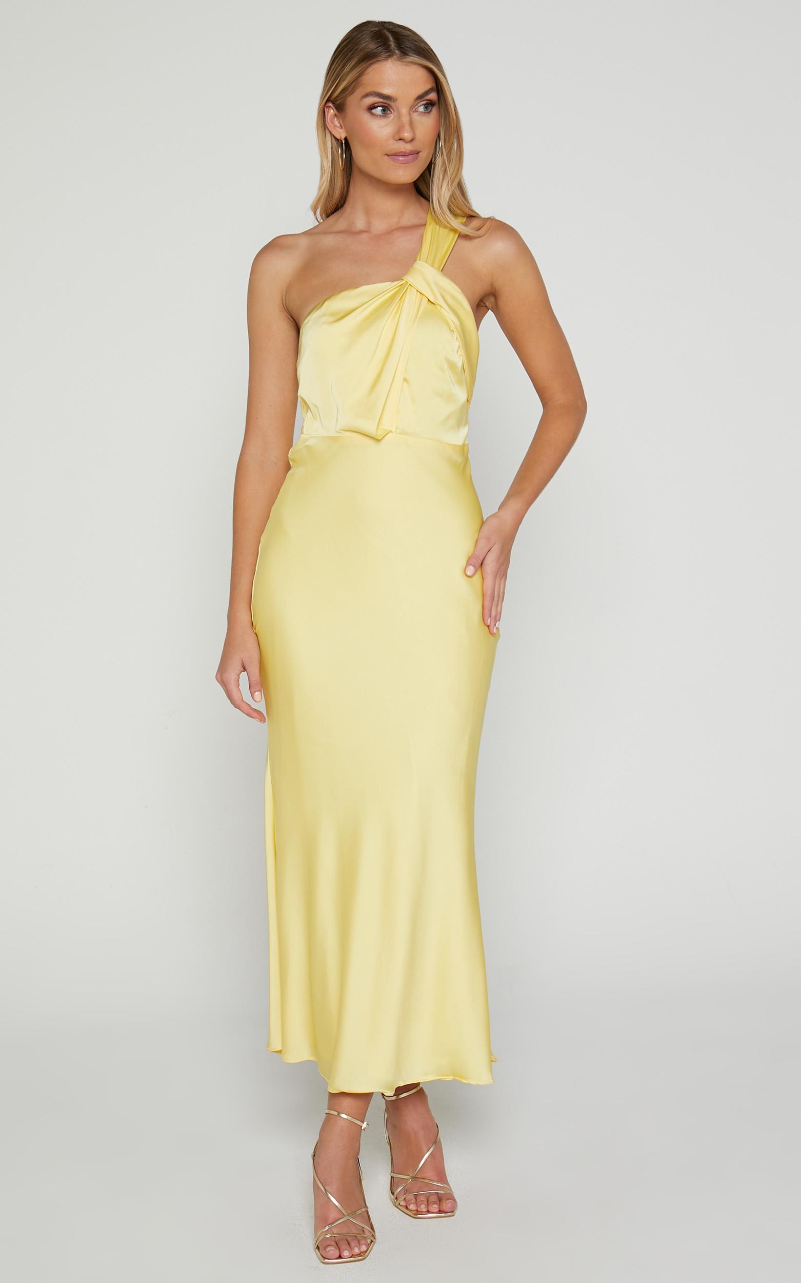 carmella midi dress - one shoulder twist detail dress in butter yellow