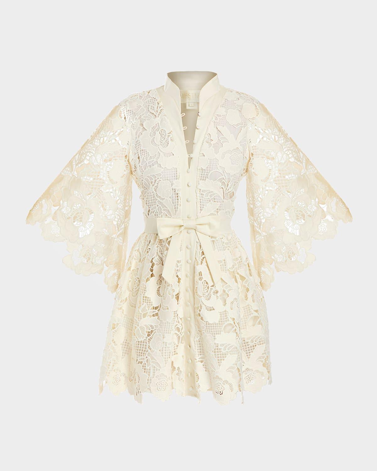 carmen bow-front floral lace mini dress