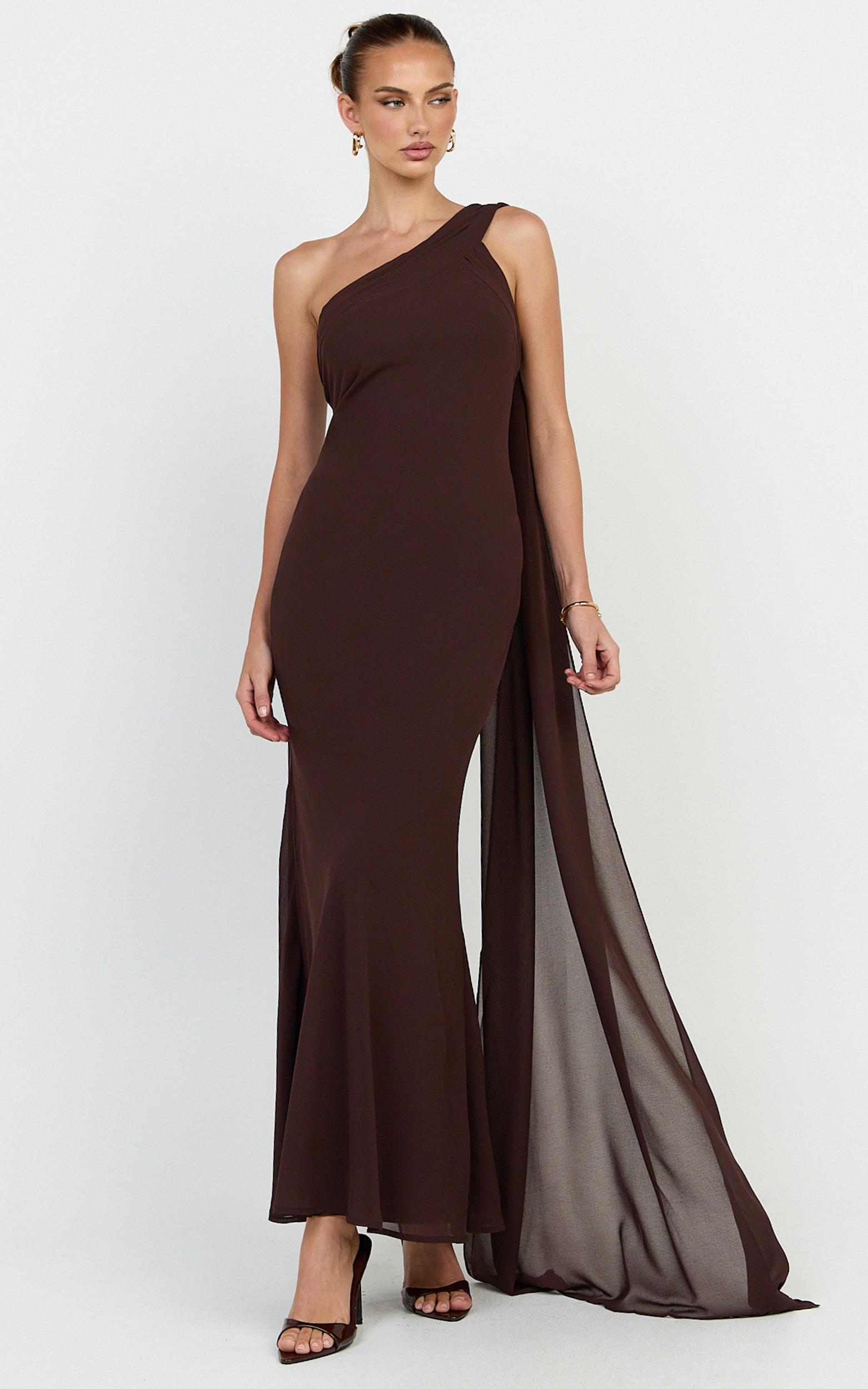carmilla maxi dress - one shoulder scarf dress in chocolate