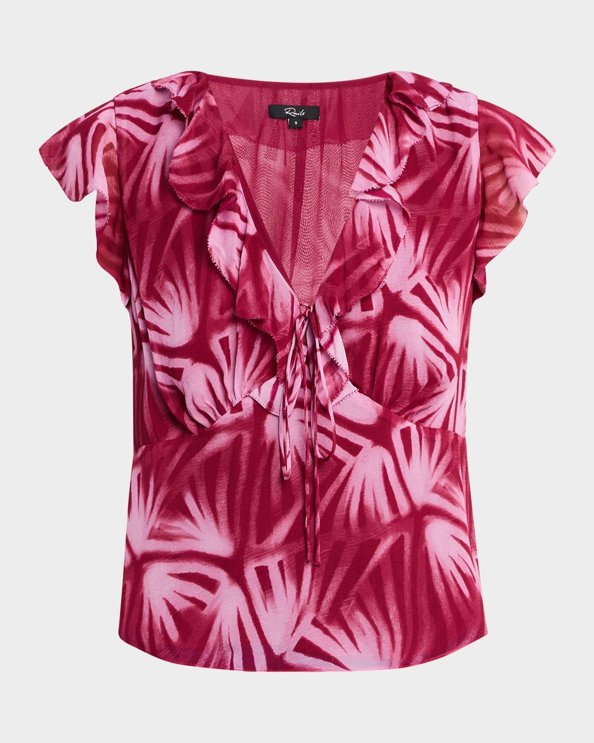 carmine chiffon flutter-sleeve blouse